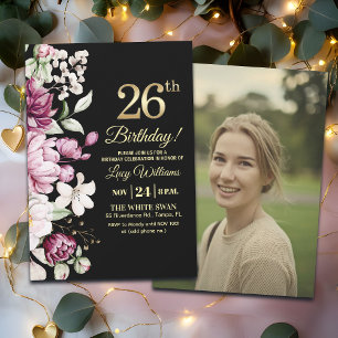 Elegantes Gold Florales 26. Geburtstagsfoto Einladung