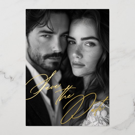 Elegantes Gold Foil Calligrafy Foto Save the Date Folieneinladung (Vorderseite)