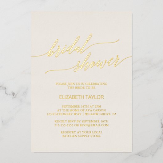 Elegantes Gold Foil Calligraphy Ivory Brautparty Folieneinladung (Vorderseite)
