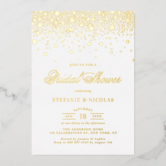 Elegantes Gold Foil Confetti Dots Brautparty Folieneinladung (Vorderseite)