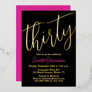 Elegantes Gold Foil Pink Black 30. Geburtstag Part Folieneinladung