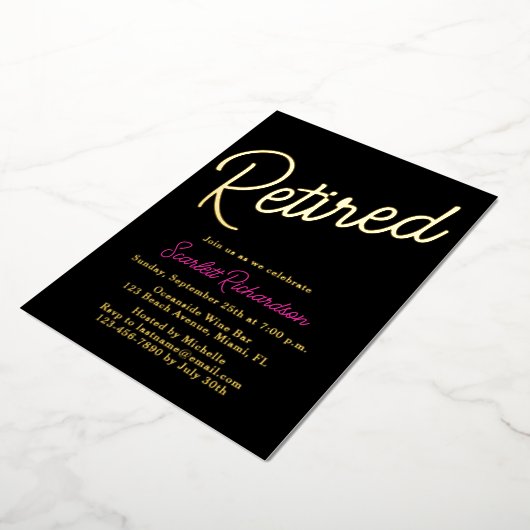 Elegantes Gold Foil Rosa Black Retirement Party Folieneinladung (Gedreht)