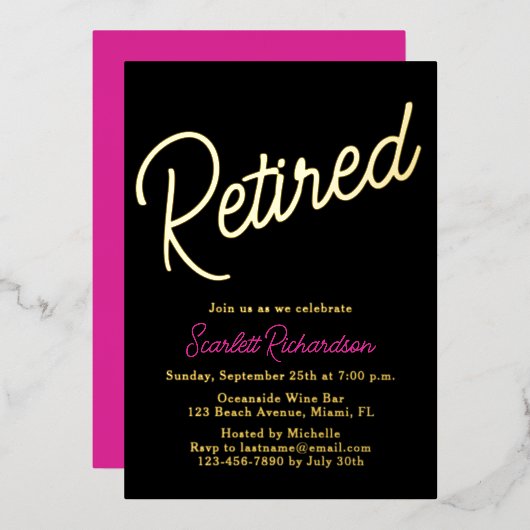 Elegantes Gold Foil Rosa Black Retirement Party Folieneinladung (Vorderseite/Rückseite)