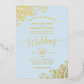 Elegantes Gold Foil Spitzen auf der Blue Wedding Folieneinladung (Vorderseite)