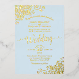 Elegantes Gold Foil Spitzen auf der Blue Wedding Folieneinladung