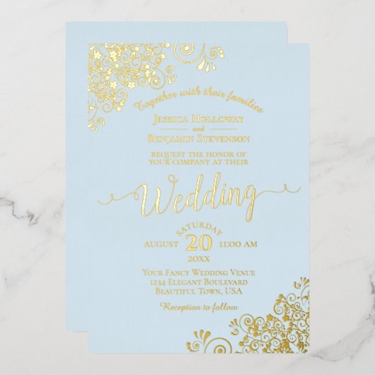 Elegantes Gold Foil Spitzen auf der Blue Wedding Folieneinladung (Vorderseite/Rückseite)