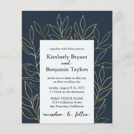 Elegantes Gold Foliage. Dusty Blue Luxury Wedding Flyer