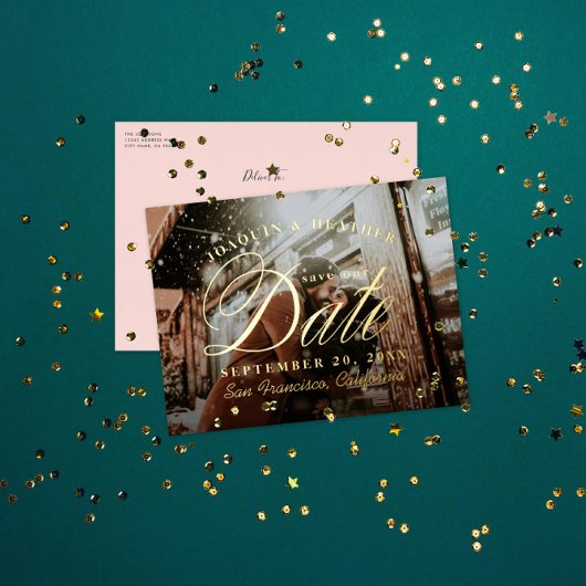 Elegantes Gold-Foto Save the Date Folie Einladungspostkarte