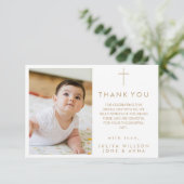 Elegantes Gold Foto Taufe Danke Karte (Stehend Vorderseite)