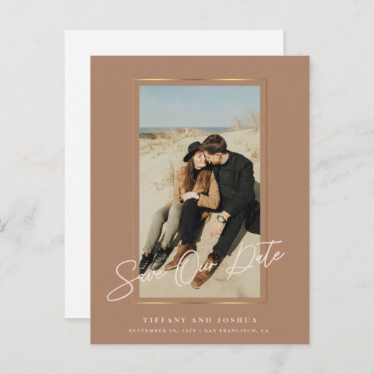 Elegantes Gold Frame Foto Hochzeit speichern das D Ankündigungspostkarte (Vorne/Hinten)