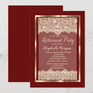 Elegantes Gold Frame Lace Burgundy Retirement Part Einladung