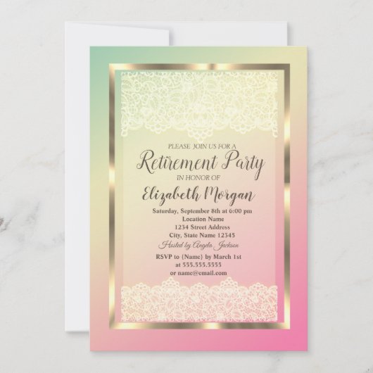 Elegantes Gold Frame Lace Ombre Retirement Party Einladung (Vorderseite)
