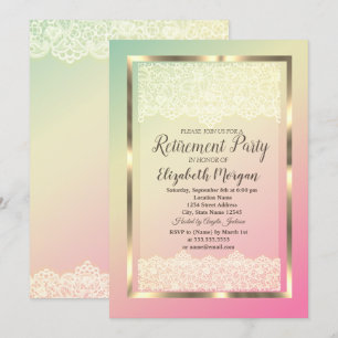 Elegantes Gold Frame Lace Ombre Retirement Party Einladung