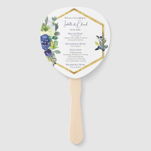 Elegantes Gold Frame Navy White Rose Floral Progra Fächer (Vorderseite)