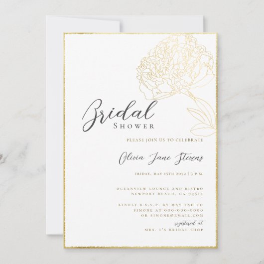 Elegantes Gold Frame Peony Sketch Boho Brautparty Einladung (Vorderseite)