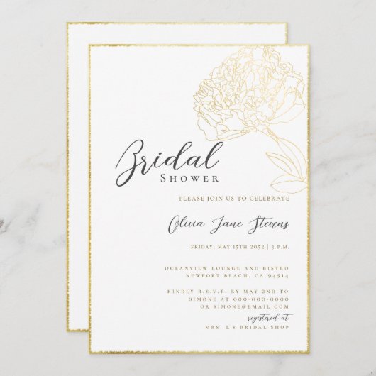 Elegantes Gold Frame Peony Sketch Boho Brautparty Einladung (Vorne/Hinten)
