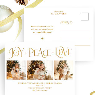 Elegantes Gold Freude Frieden Liebe Schrift 3-Foto Feiertagspostkarte