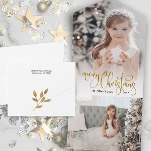 Elegantes Gold Frohe Weihnachten Kalligrafie Foto All In One Einladung