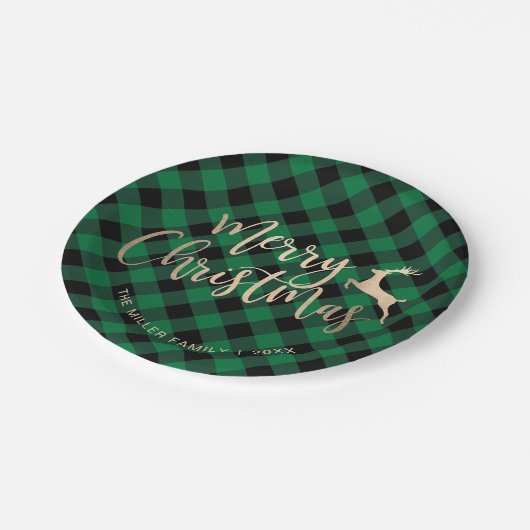 Elegantes Gold Frohe Weihnachten Schwarz und Grün Pappteller (Schrägansicht)