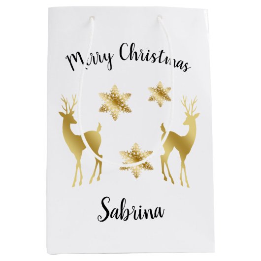 Elegantes Gold Frohe Weihnachtsschneeflocken Renti Mittlere Geschenktüte (Vorderseite)