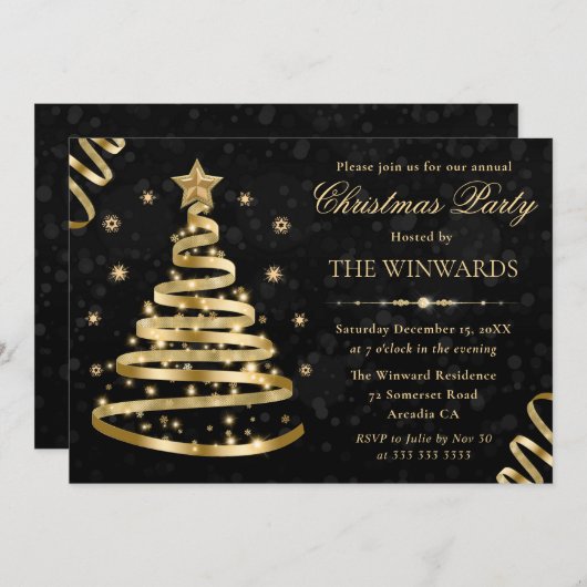 Elegantes Gold Funkelnd Ribbon Tree Weihnachten Pa Einladung (Vorne/Hinten)