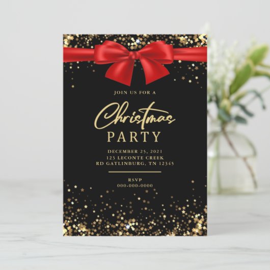 Elegantes Gold Glimmerlicht Weihnachts-Party Einladung (Stehend Vorderseite)