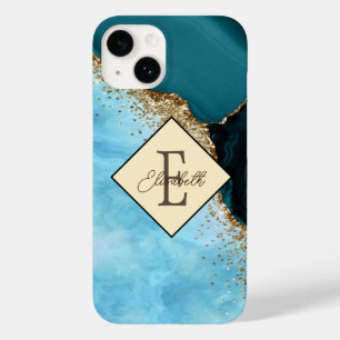 Elegantes Gold Glitter Türkis Marmor Monogramm  Case-Mate iPhone 14 Hülle