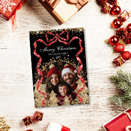 Elegantes Gold GlitterRibbon Weihnachtsbaum-Foto Einladung