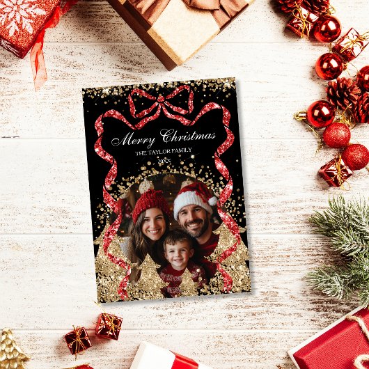Elegantes Gold GlitterRibbon Weihnachtsbaum-Foto Einladung