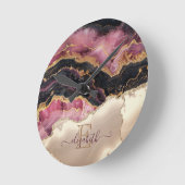 Elegantes Gold Glitzer Black Burgundy Monogramm Runde Wanduhr (Winkel)