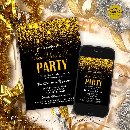 Elegantes Gold Glitzer & Black New Year's Eve Part Einladung