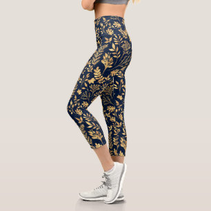 Elegantes Gold Glitzer Foliage Navy-Blue Design Capri Leggings