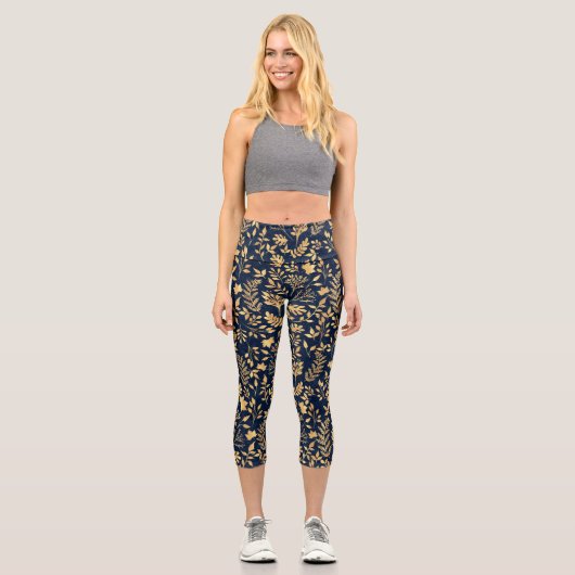 Elegantes Gold Glitzer Foliage Navy-Blue Design Capri Leggings (Vorderseite)