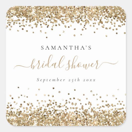 Elegantes Gold Glitzer Name Date Brautparty Quadratischer Aufkleber (Vorderseite)