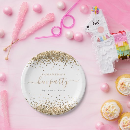 Elegantes Gold Glitzer Name Datum Hen Party Pappteller (Party)