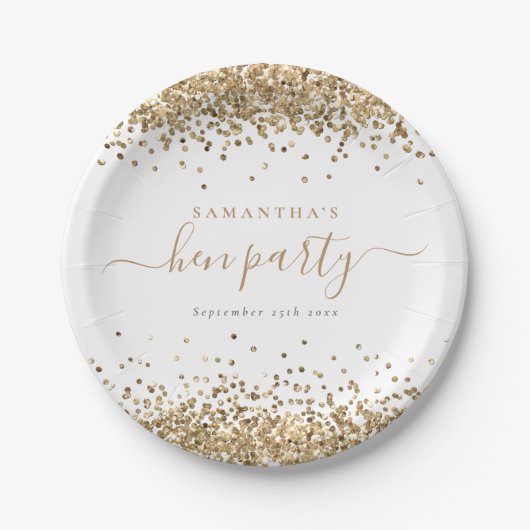 Elegantes Gold Glitzer Name Datum Hen Party Pappteller (Vorderseite)