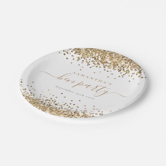 Elegantes Gold Glitzer Name Datum Hen Party Pappteller (Schrägansicht)