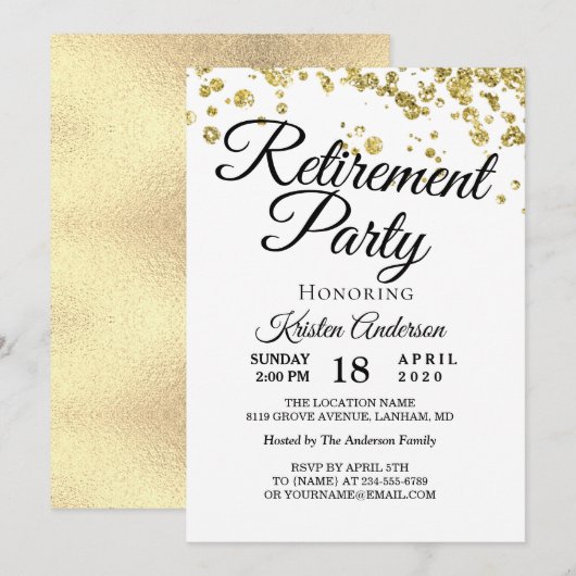 Elegantes Gold Glitzer Retirement Party Einladung (Vorne/Hinten)