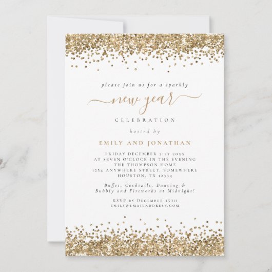 Elegantes Gold Glitzer Script Silvester Party Einladung (Vorderseite)