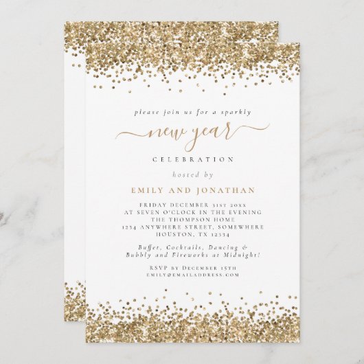 Elegantes Gold Glitzer Script Silvester Party Einladung (Vorne/Hinten)