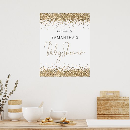 Elegantes Gold Glitzer Script Willkommen bei Baby  Poster (Küche)