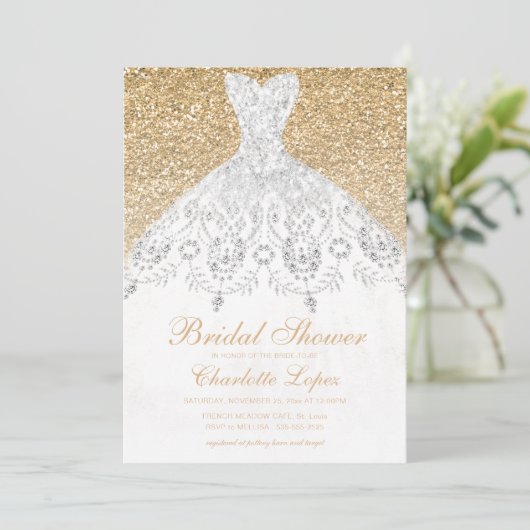 Elegantes Gold Glitzer Wedding Dress Brautparty Einladung (Stehend Vorderseite)