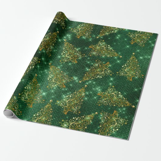 Elegantes Gold Green Glitzer Weihnachtsbaum Muster Geschenkpapier (Ungerollt)