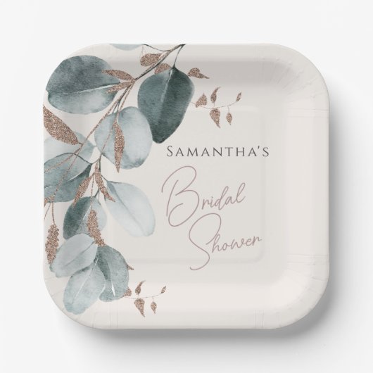 Elegantes Gold Green Sparkline Blätter Brautparty Pappteller (Vorderseite)