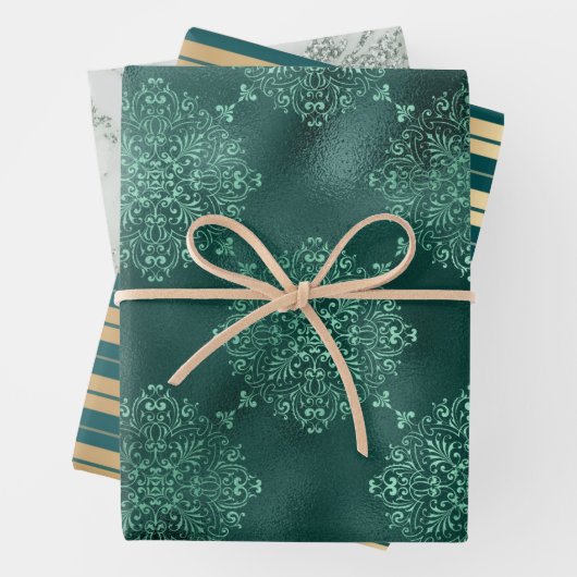 Elegantes Gold Green Stripes Glitzer Damask Gesche Geschenkpapier Set (Beispiel)