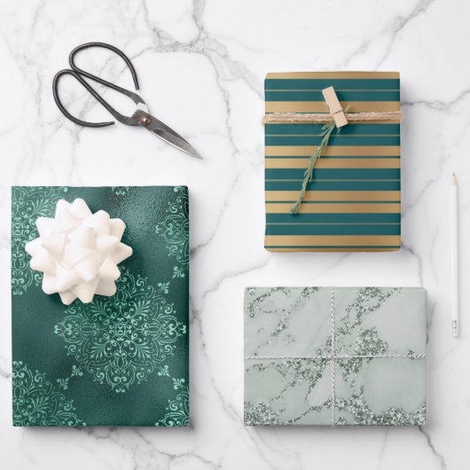 Elegantes Gold Green Stripes Glitzer Damask Gesche Geschenkpapier Set (Vorderseite)