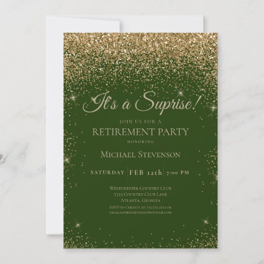 Elegantes Gold Green Surprise Retirement Party Einladung (Vorderseite)