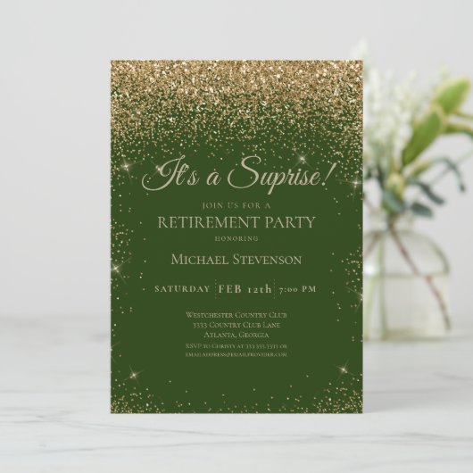 Elegantes Gold Green Surprise Retirement Party Einladung (Stehend Vorderseite)