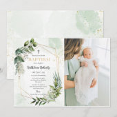 Elegantes Gold Greenery Blumenblätterung Taufe Fot Einladung (Vorne/Hinten)