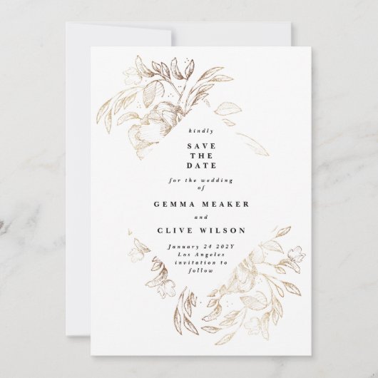 Elegantes Gold Hand Drawn Botanisches Hochzeitssem Save The Date (Vorderseite)